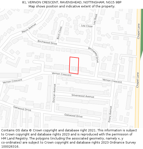 81, VERNON CRESCENT, RAVENSHEAD, NOTTINGHAM, NG15 9BP: Location map and indicative extent of plot
