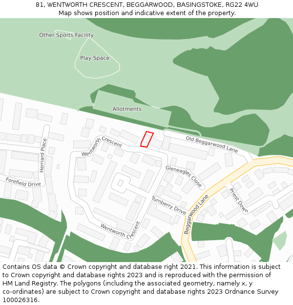 81, WENTWORTH CRESCENT, BEGGARWOOD, BASINGSTOKE, RG22 4WU: Location map and indicative extent of plot