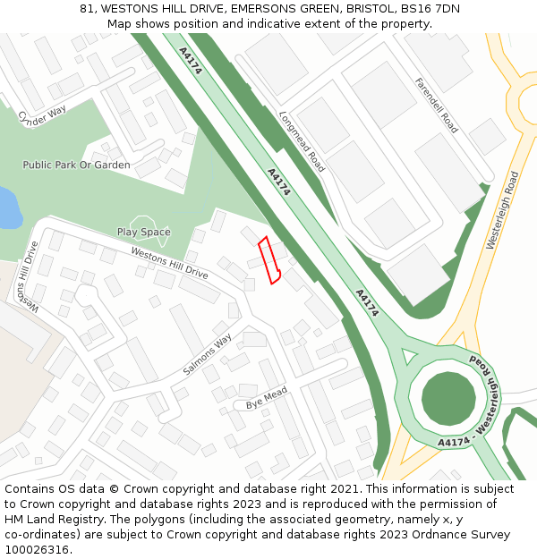 81, WESTONS HILL DRIVE, EMERSONS GREEN, BRISTOL, BS16 7DN: Location map and indicative extent of plot