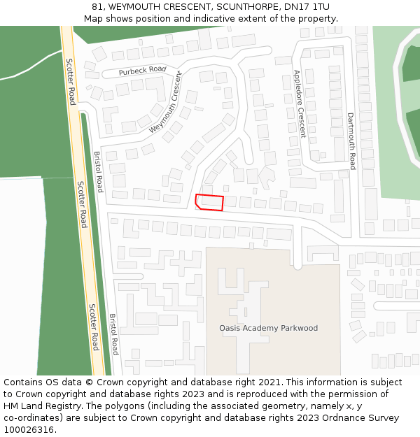 81, WEYMOUTH CRESCENT, SCUNTHORPE, DN17 1TU: Location map and indicative extent of plot