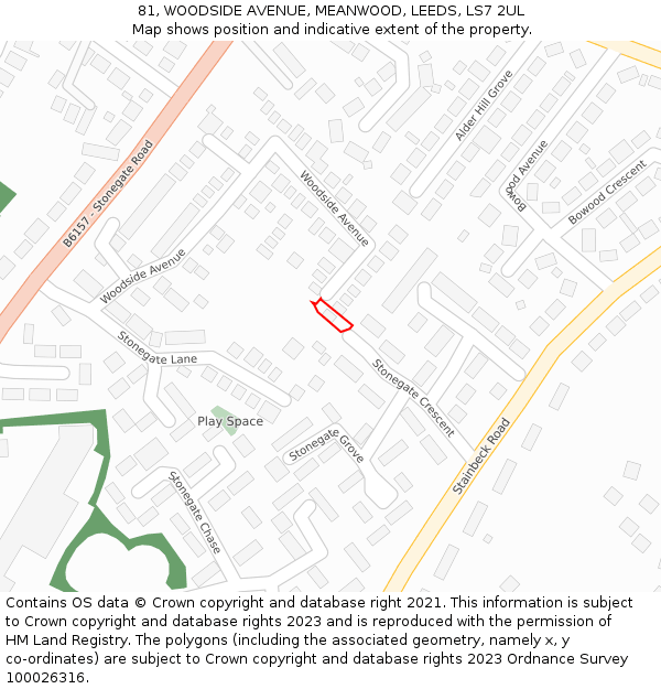 81, WOODSIDE AVENUE, MEANWOOD, LEEDS, LS7 2UL: Location map and indicative extent of plot