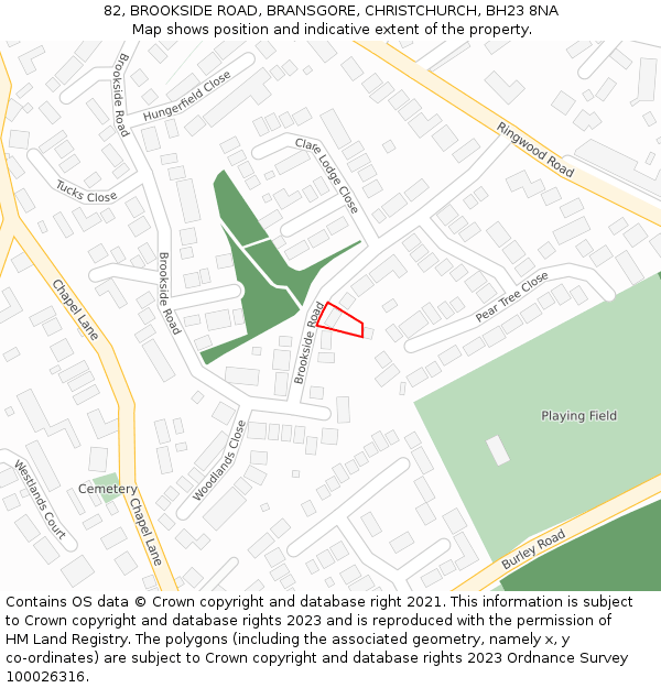 82, BROOKSIDE ROAD, BRANSGORE, CHRISTCHURCH, BH23 8NA: Location map and indicative extent of plot