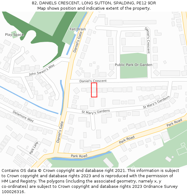 82, DANIELS CRESCENT, LONG SUTTON, SPALDING, PE12 9DR: Location map and indicative extent of plot