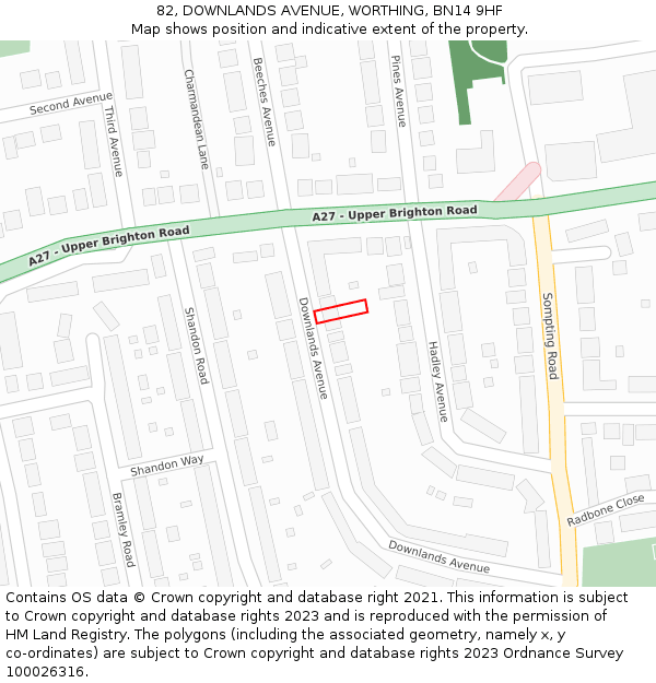 82, DOWNLANDS AVENUE, WORTHING, BN14 9HF: Location map and indicative extent of plot