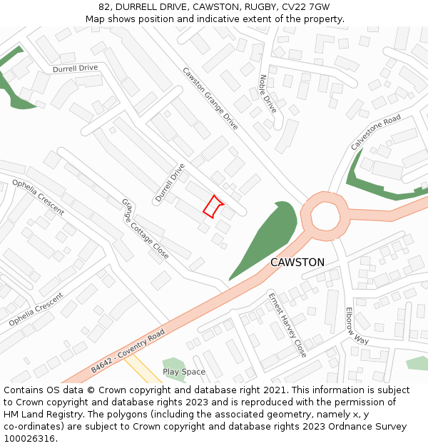 82, DURRELL DRIVE, CAWSTON, RUGBY, CV22 7GW: Location map and indicative extent of plot
