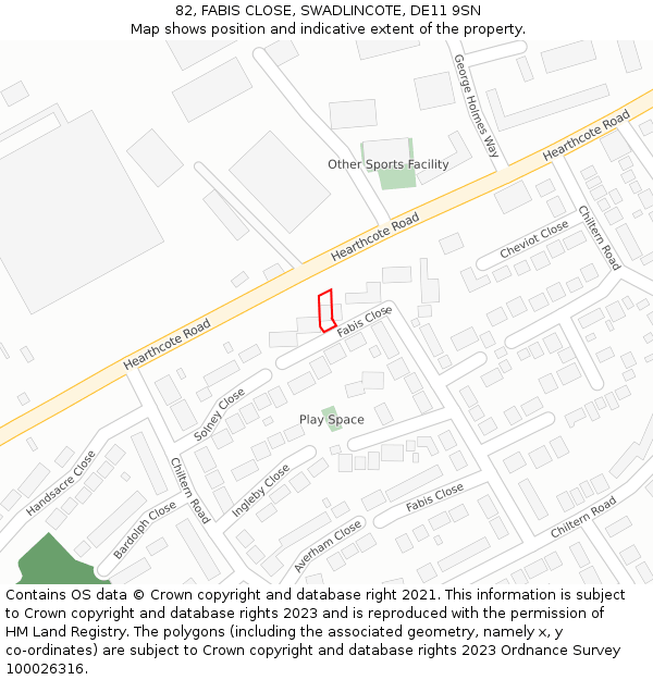 82, FABIS CLOSE, SWADLINCOTE, DE11 9SN: Location map and indicative extent of plot