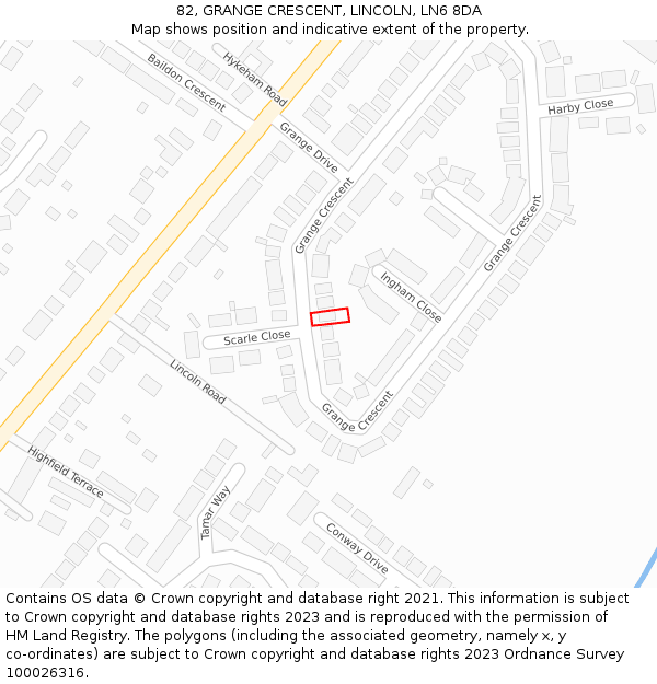82, GRANGE CRESCENT, LINCOLN, LN6 8DA: Location map and indicative extent of plot