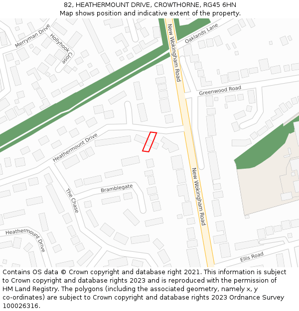 82, HEATHERMOUNT DRIVE, CROWTHORNE, RG45 6HN: Location map and indicative extent of plot