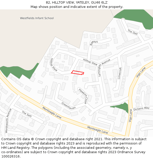82, HILLTOP VIEW, YATELEY, GU46 6LZ: Location map and indicative extent of plot