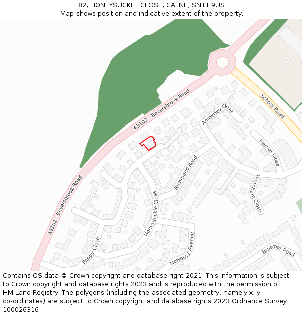 82, HONEYSUCKLE CLOSE, CALNE, SN11 9US: Location map and indicative extent of plot