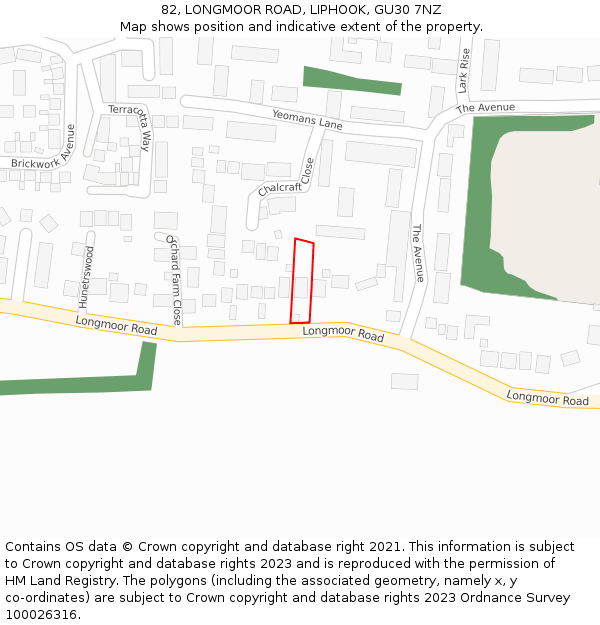 82, LONGMOOR ROAD, LIPHOOK, GU30 7NZ: Location map and indicative extent of plot