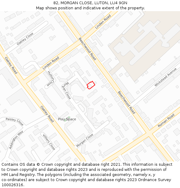 82, MORGAN CLOSE, LUTON, LU4 9GN: Location map and indicative extent of plot