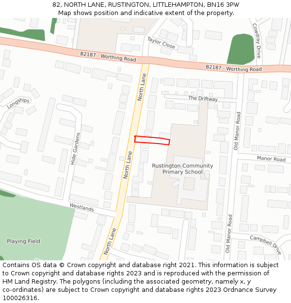 82, NORTH LANE, RUSTINGTON, LITTLEHAMPTON, BN16 3PW: Location map and indicative extent of plot