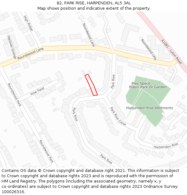 82, PARK RISE, HARPENDEN, AL5 3AL: Location map and indicative extent of plot