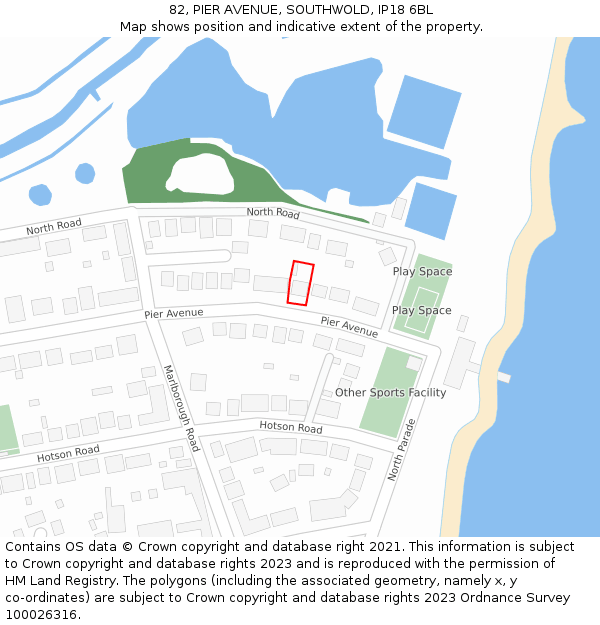 82, PIER AVENUE, SOUTHWOLD, IP18 6BL: Location map and indicative extent of plot