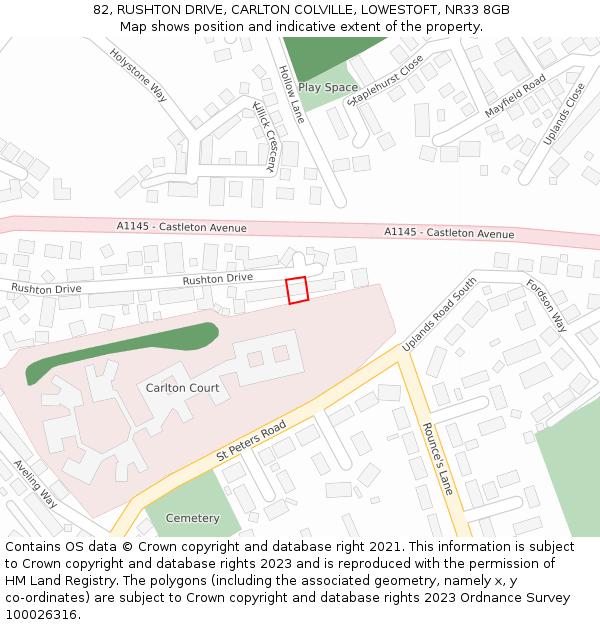 82, RUSHTON DRIVE, CARLTON COLVILLE, LOWESTOFT, NR33 8GB: Location map and indicative extent of plot