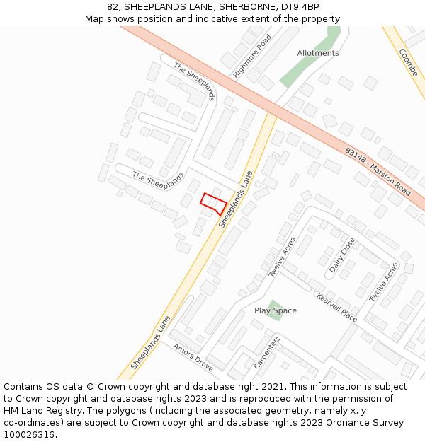 82, SHEEPLANDS LANE, SHERBORNE, DT9 4BP: Location map and indicative extent of plot