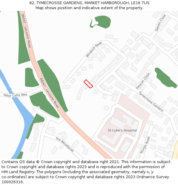 82, TYMECROSSE GARDENS, MARKET HARBOROUGH, LE16 7US: Location map and indicative extent of plot