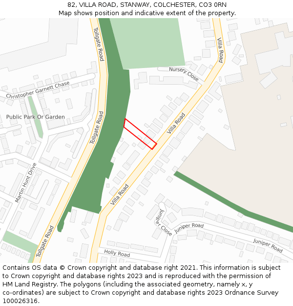 82, VILLA ROAD, STANWAY, COLCHESTER, CO3 0RN: Location map and indicative extent of plot