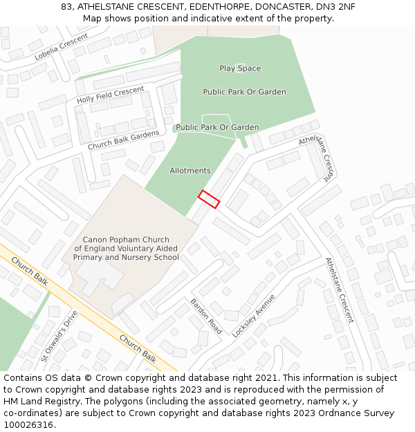 83, ATHELSTANE CRESCENT, EDENTHORPE, DONCASTER, DN3 2NF: Location map and indicative extent of plot