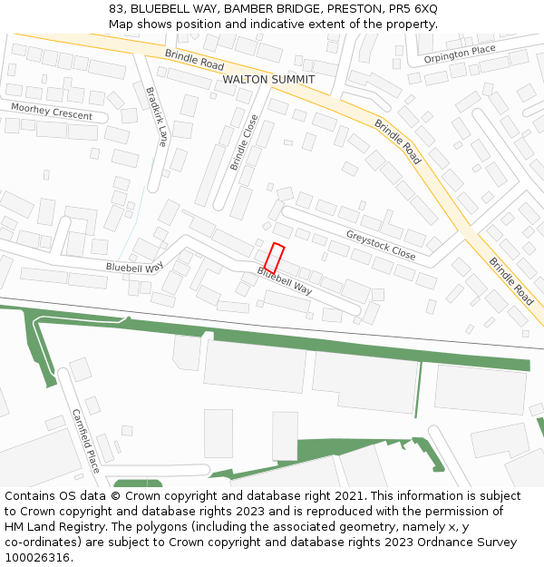 83, BLUEBELL WAY, BAMBER BRIDGE, PRESTON, PR5 6XQ: Location map and indicative extent of plot
