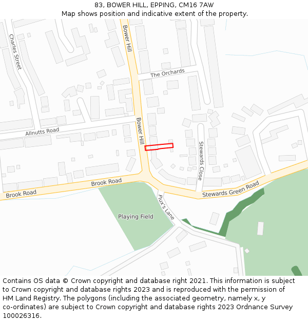 83, BOWER HILL, EPPING, CM16 7AW: Location map and indicative extent of plot