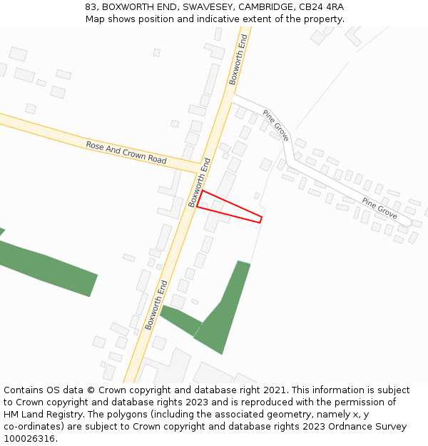83, BOXWORTH END, SWAVESEY, CAMBRIDGE, CB24 4RA: Location map and indicative extent of plot