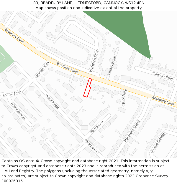 83, BRADBURY LANE, HEDNESFORD, CANNOCK, WS12 4EN: Location map and indicative extent of plot