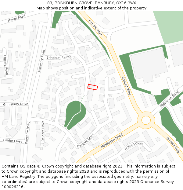 83, BRINKBURN GROVE, BANBURY, OX16 3WX: Location map and indicative extent of plot