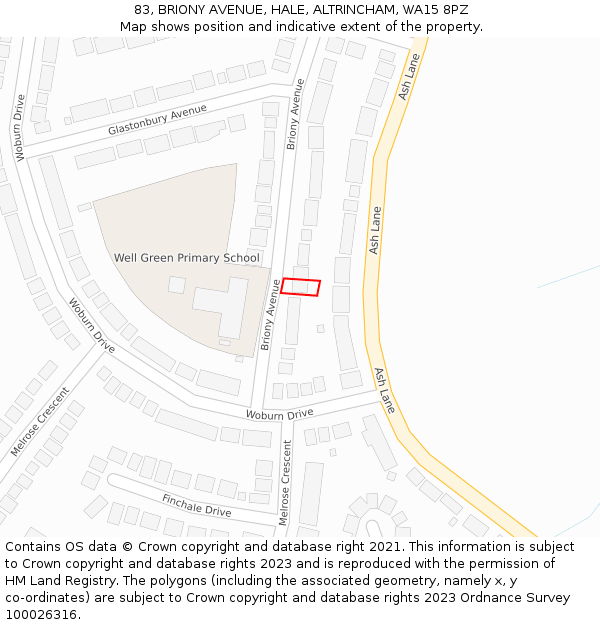 83, BRIONY AVENUE, HALE, ALTRINCHAM, WA15 8PZ: Location map and indicative extent of plot