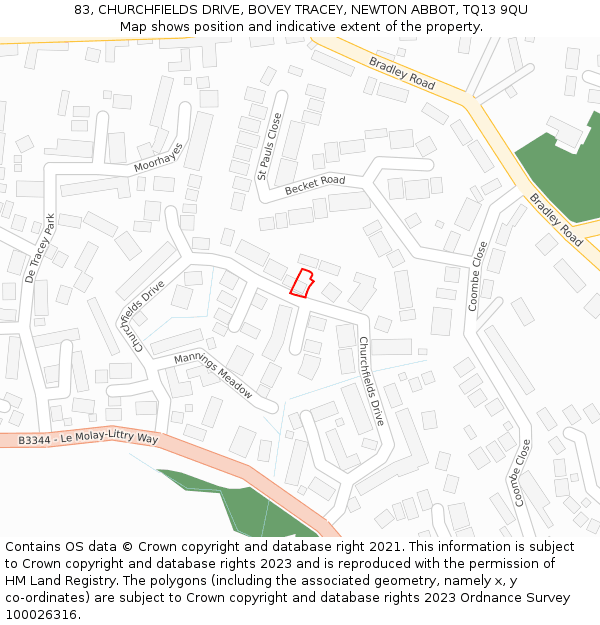 83, CHURCHFIELDS DRIVE, BOVEY TRACEY, NEWTON ABBOT, TQ13 9QU: Location map and indicative extent of plot