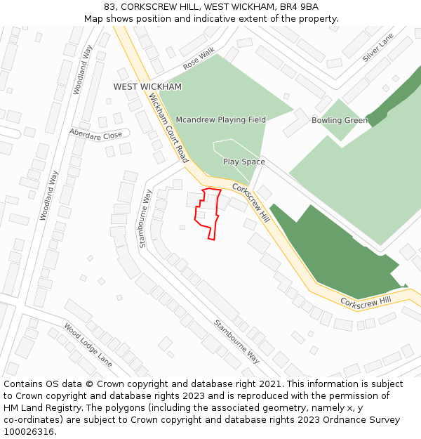 83, CORKSCREW HILL, WEST WICKHAM, BR4 9BA: Location map and indicative extent of plot