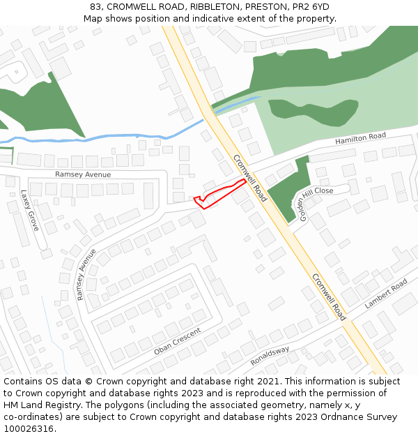 83, CROMWELL ROAD, RIBBLETON, PRESTON, PR2 6YD: Location map and indicative extent of plot