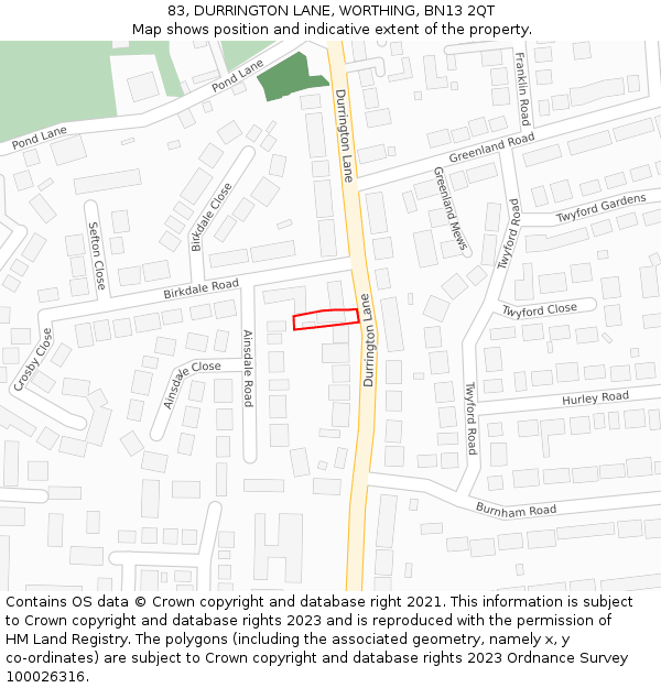 83, DURRINGTON LANE, WORTHING, BN13 2QT: Location map and indicative extent of plot