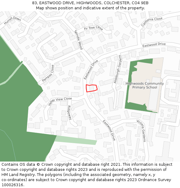 83, EASTWOOD DRIVE, HIGHWOODS, COLCHESTER, CO4 9EB: Location map and indicative extent of plot