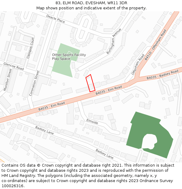 83, ELM ROAD, EVESHAM, WR11 3DR: Location map and indicative extent of plot