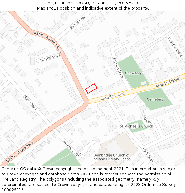 83, FORELAND ROAD, BEMBRIDGE, PO35 5UD: Location map and indicative extent of plot