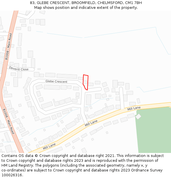 83, GLEBE CRESCENT, BROOMFIELD, CHELMSFORD, CM1 7BH: Location map and indicative extent of plot