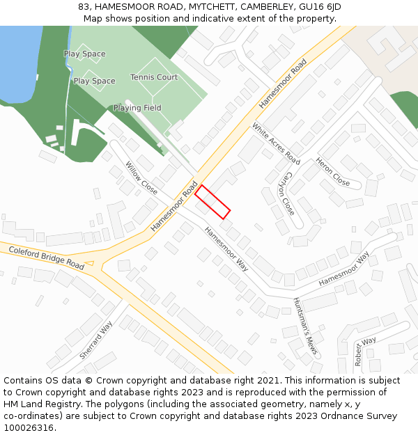 83, HAMESMOOR ROAD, MYTCHETT, CAMBERLEY, GU16 6JD: Location map and indicative extent of plot