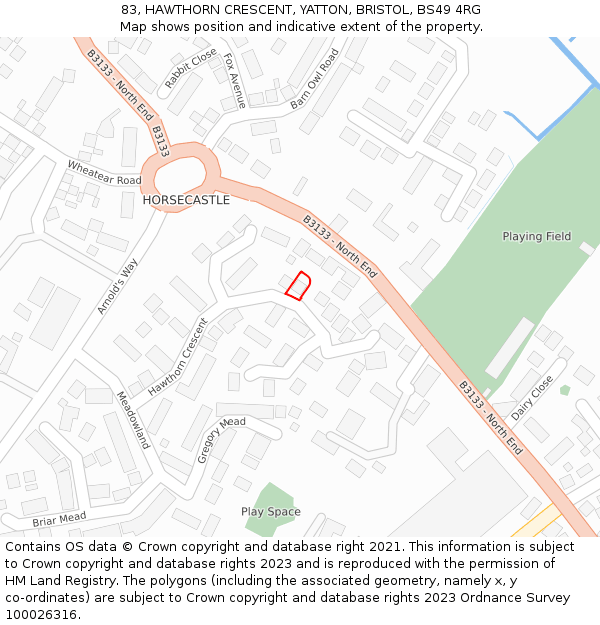 83, HAWTHORN CRESCENT, YATTON, BRISTOL, BS49 4RG: Location map and indicative extent of plot