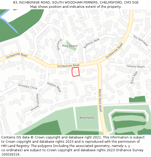 83, INCHBONNIE ROAD, SOUTH WOODHAM FERRERS, CHELMSFORD, CM3 5GE: Location map and indicative extent of plot