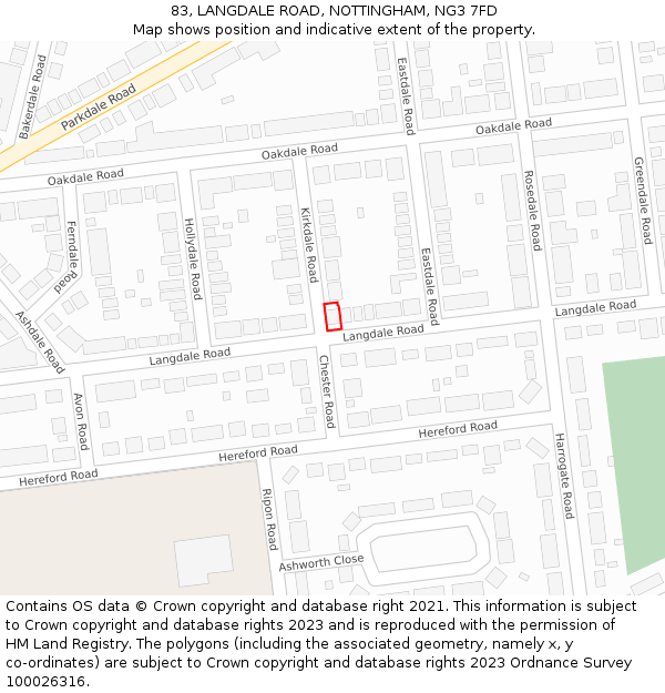 83, LANGDALE ROAD, NOTTINGHAM, NG3 7FD: Location map and indicative extent of plot