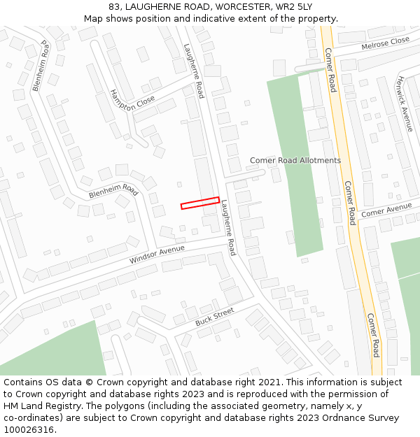 83, LAUGHERNE ROAD, WORCESTER, WR2 5LY: Location map and indicative extent of plot
