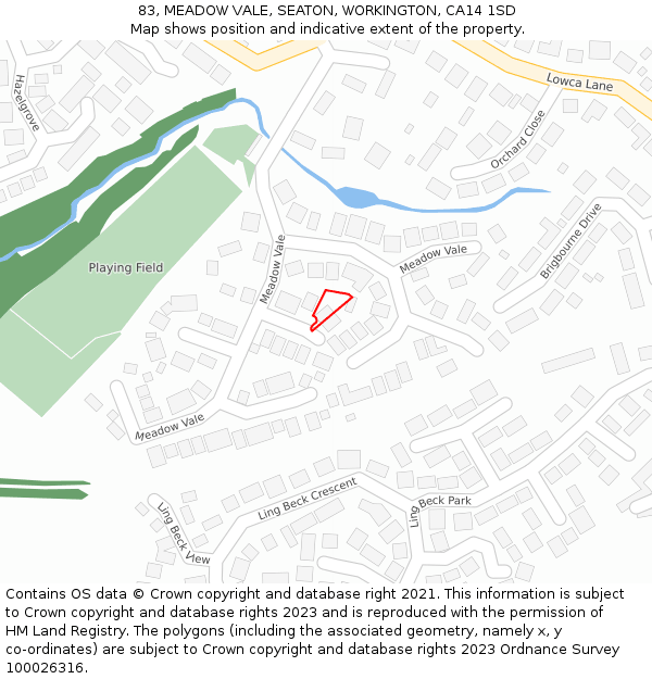 83, MEADOW VALE, SEATON, WORKINGTON, CA14 1SD: Location map and indicative extent of plot