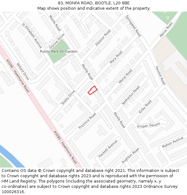 83, MONFA ROAD, BOOTLE, L20 6BE: Location map and indicative extent of plot