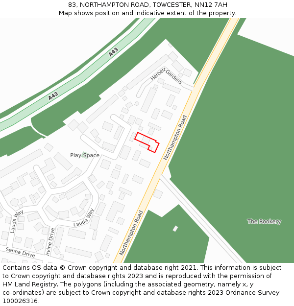 83, NORTHAMPTON ROAD, TOWCESTER, NN12 7AH: Location map and indicative extent of plot