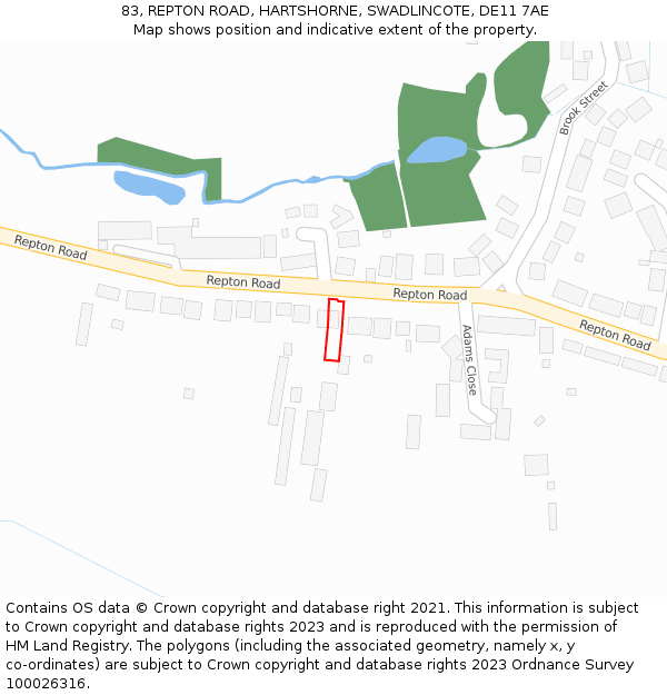 83, REPTON ROAD, HARTSHORNE, SWADLINCOTE, DE11 7AE: Location map and indicative extent of plot
