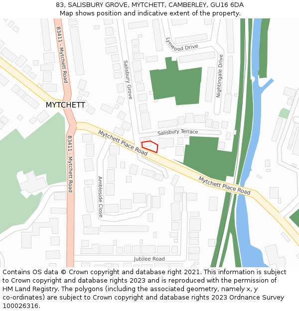 83, SALISBURY GROVE, MYTCHETT, CAMBERLEY, GU16 6DA: Location map and indicative extent of plot