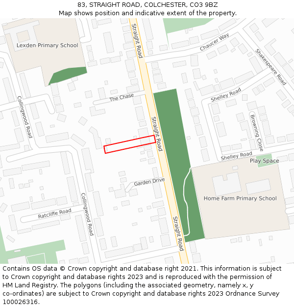 83, STRAIGHT ROAD, COLCHESTER, CO3 9BZ: Location map and indicative extent of plot