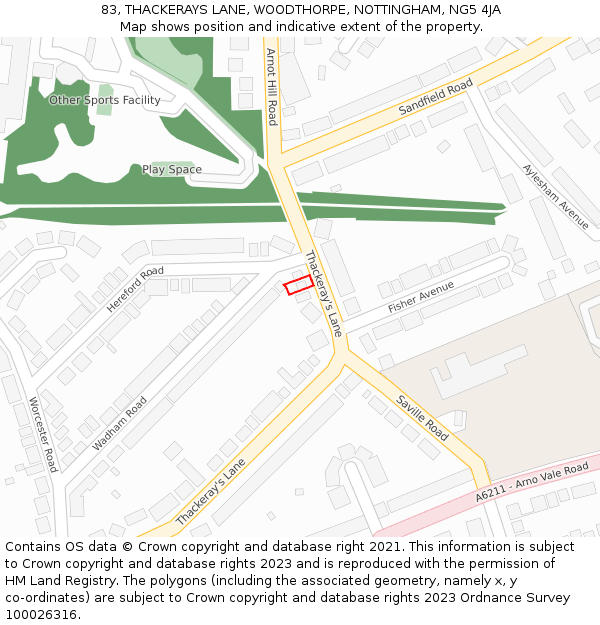 83, THACKERAYS LANE, WOODTHORPE, NOTTINGHAM, NG5 4JA: Location map and indicative extent of plot